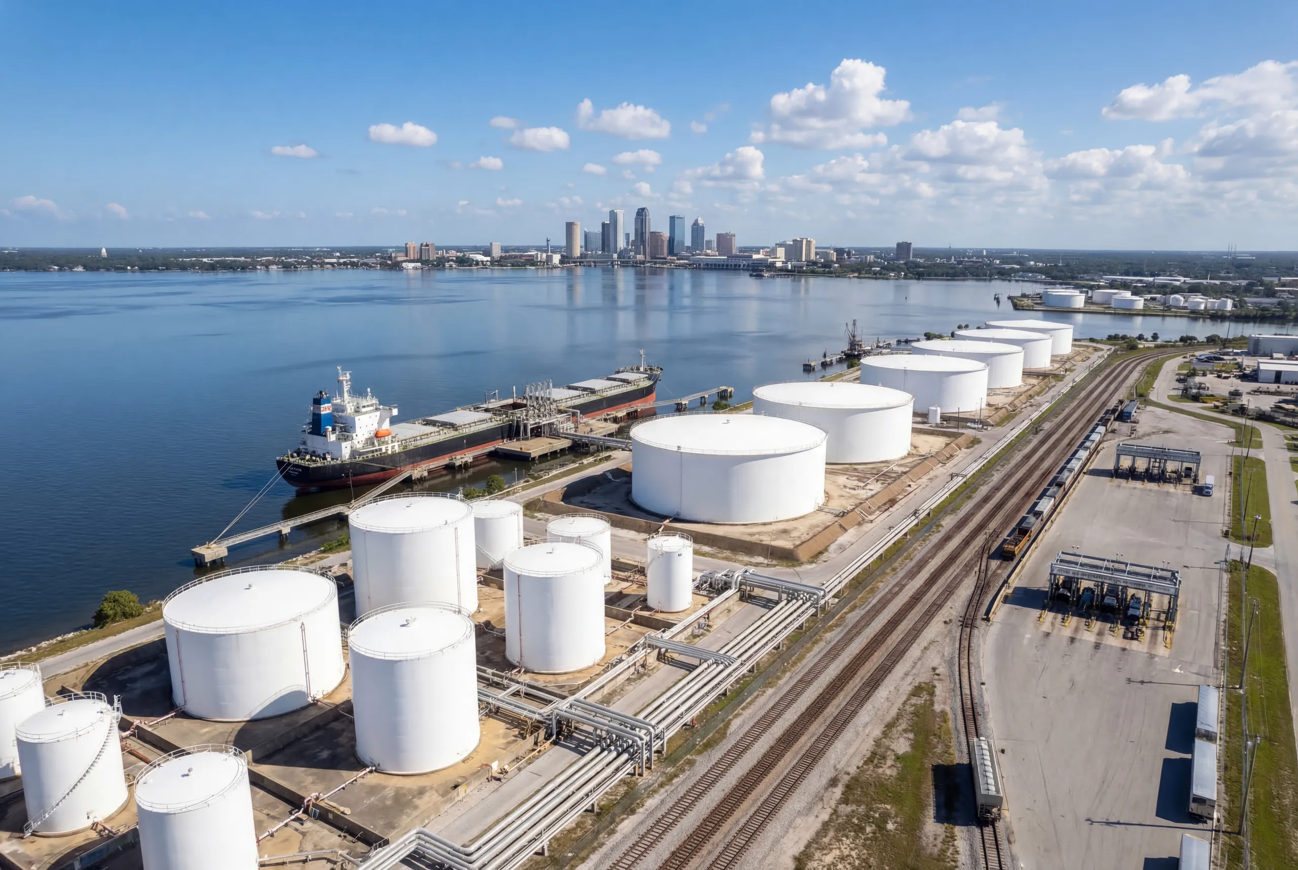 Aerial view of fuel storage tanks and terminal infrastructure near Tampa waterfront.