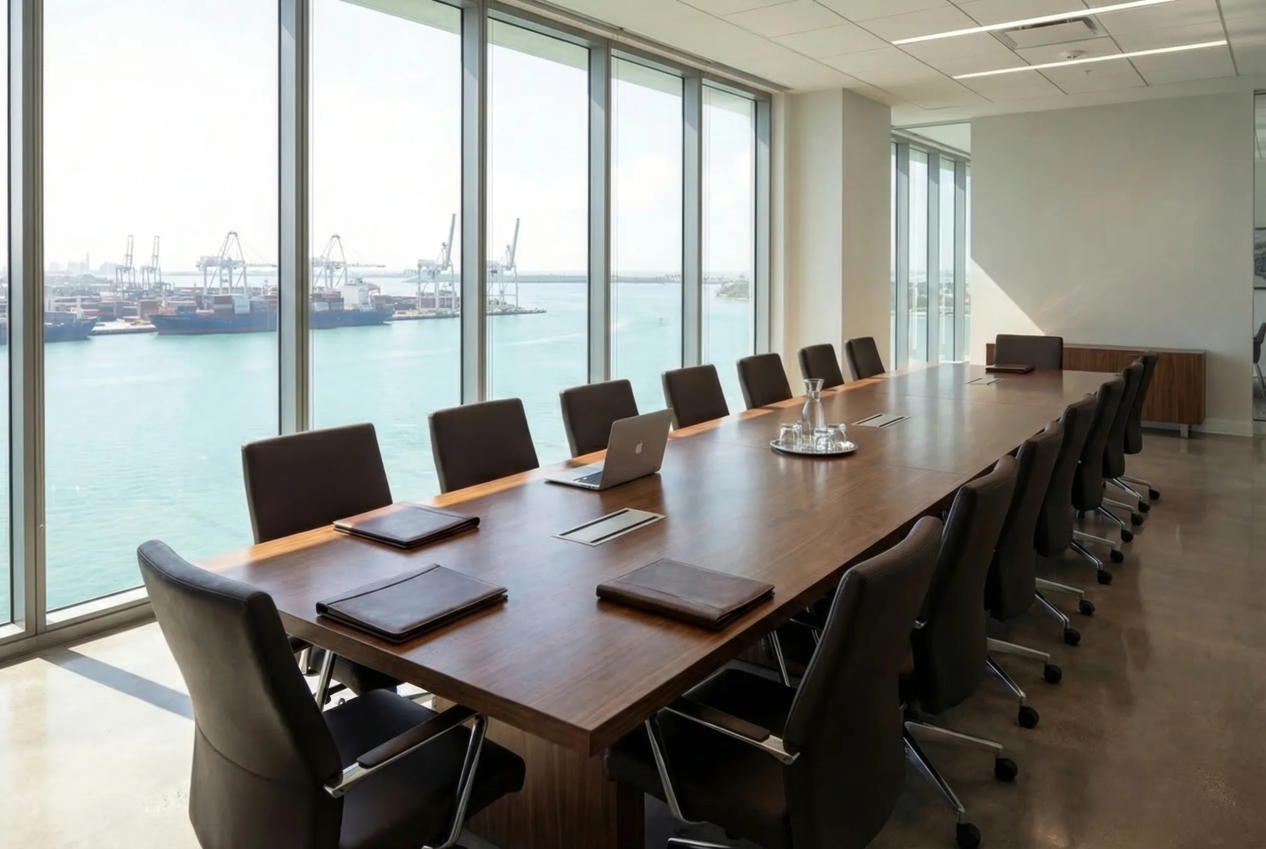 Executive boardroom overlooking a commercial port with container ships and cranes