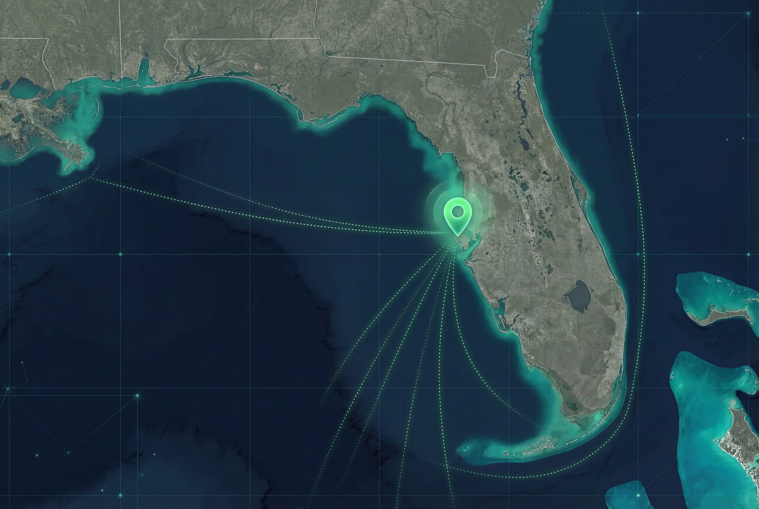 Satellite map of Florida and the Gulf of Mexico highlighting Port Tampa as a strategic fuel logistics hub with shipping route lines