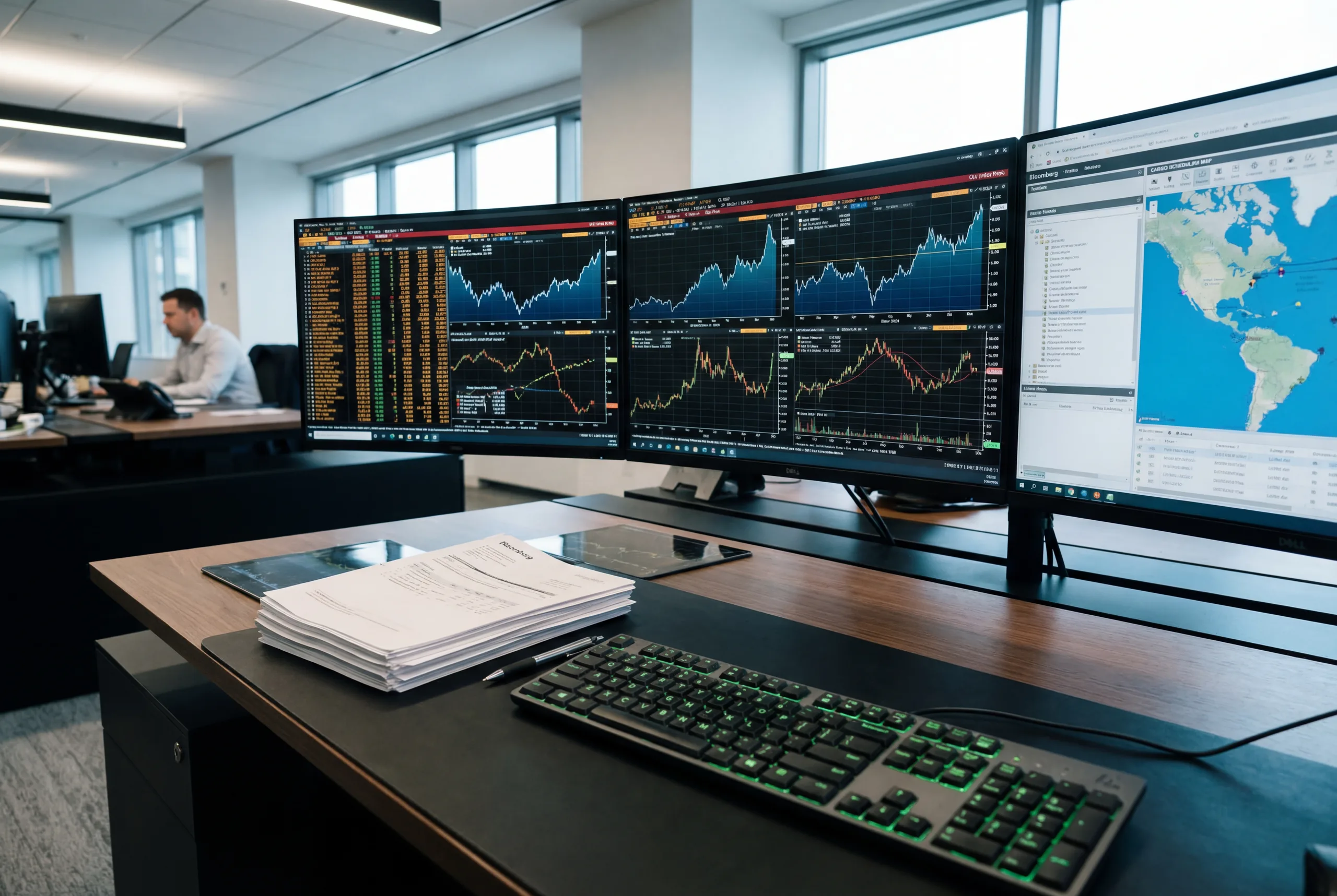 Trading desk with multiple monitors displaying real-time fuel market data, price charts, and logistics maps