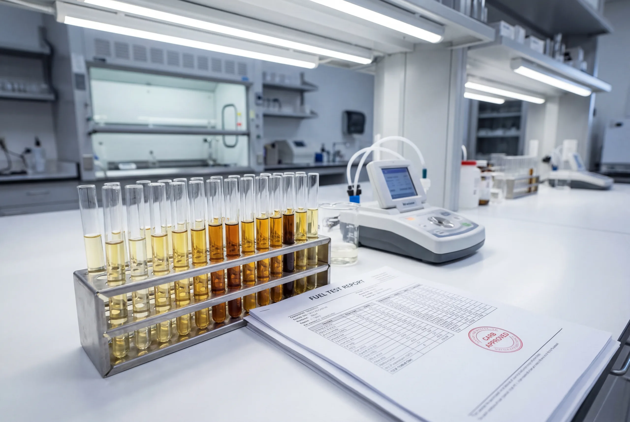 Fuel test tubes with varying amber tones alongside a CARB-approved fuel test report in a laboratory setting