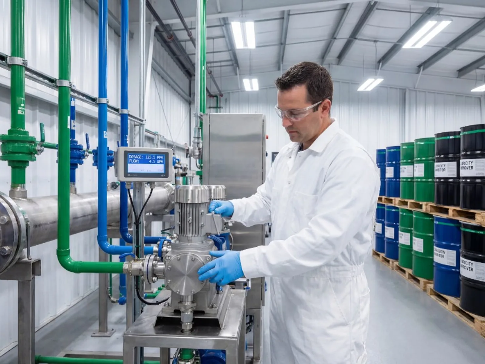 Technician operating additive blending equipment in a controlled facility